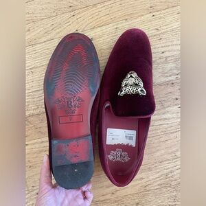Burgundy Velvet Loafers with Leopard Accent